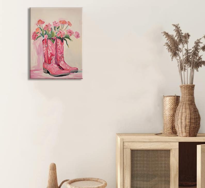 Image of Julaydi Floral Cowgirl Boots Wall Art Pink Cowboy Boots with Flower Painting Western Aesthetic Canvas Prints Poster Trendy Preppy Girls Room Decor Picture for Living Room Bedroom Dorm 12x16in Framed