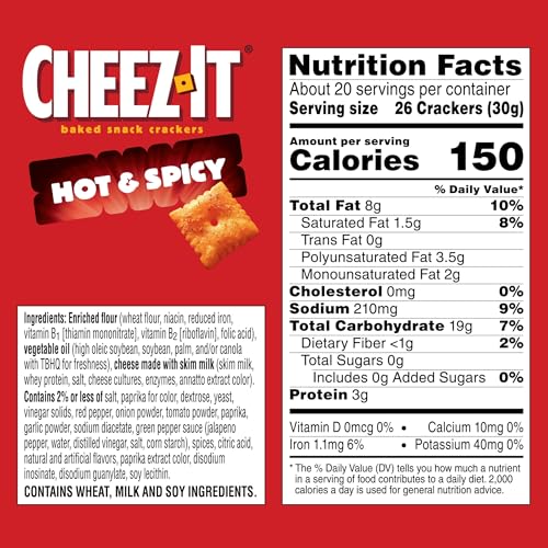 Image of Cheez-It Baked Snack Crackers, Lunch Snacks, Family Size, Hot and Spicy, 21oz Box (1 Box)