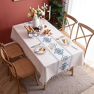 AMZALI Table Cloth Embroidery Damask Pattern Wrinkle Free Heavy Weight Cotton Linen Farmhouse Tablecloth Decorative Fabric Tassel Table Cover for Outdoor and Indoor Use (Rectangle,55 x 87 Inch) AMZALI Table Cloth Embroidery Damask Pattern Wrinkle Free Heavy Weight Cotton Linen Farmhouse Tablecloth Decorative Fabric Tassel Table Cover for Outdoor and Indoor Use Rectangle55 x 87 Inch