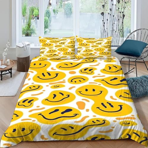 Housse de Couette 140x200 Smileys 3D Imprimé Parures de Lit Jaune Douceur Microfibre 1 Personne Literie avec Fermeture Éclair et Taie d'oreiller 65x65 c2797