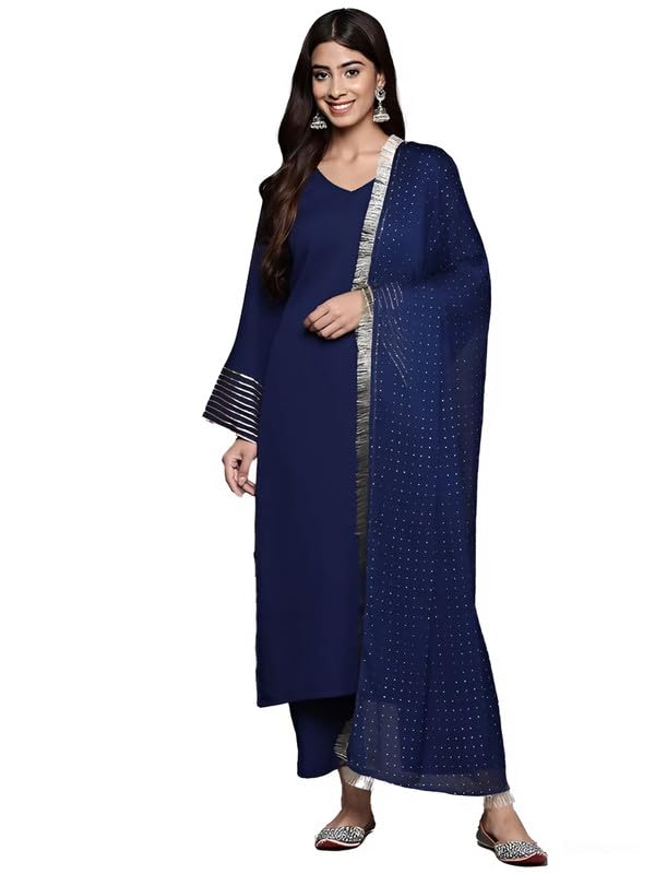 Varanga Women Navy Blue Solid V-Neck Embellished With Gota Straight Kurta Paired With Tonal Bottom And Dupatta  Elegant Ethnic Wear For Women, Perfect For Festive & Special Occasions