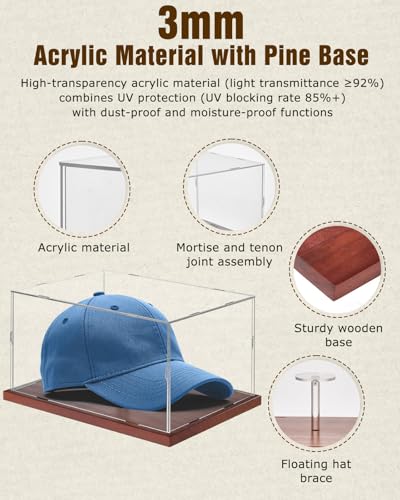 Image of Fitense Hat Display Case, Acrylic Baseball Cap Display Box, UV Fade Protection, Solid Wood Base & Cap Shaper, Signed Hat Collector's Showcase, for Cap Enthusiasts, 11.8 inch x 7.8 inch x 5.9 inch