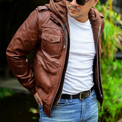 Jild Hooded 2.0 Leather Jacket Men - Genuine Lambskin Leather Bomber Jacket with Removable Hood for Mens Fashion2