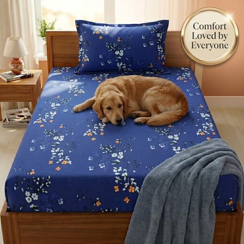 Image of Mafatlal 125 GSM Merino Single Size Bedsheet with Pillow Cover | 90 x 60 Inches | Soft, Breathable & Lightweight | Blue