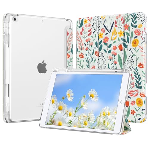 MoKo Funda para iPad 9.ª/8.ª/7.ª Generación 10,2 Pulgadas 2021/2020/2019 con Portalápices, Ligera y Delgada con Soporte Trifold y Cascara Transparente PC Duro, Auto Activación/Reposo, Flores
