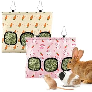 Bissap 2PCS Rabbit Hay Feeder Bag, 3 Holes Hanging Hay Feeder Guinea Pig Hay Bag for Rabbits Bunny Chinchillas Hamsters Rats and Other Small Pets Small Animal – M (Pink & Beige)
