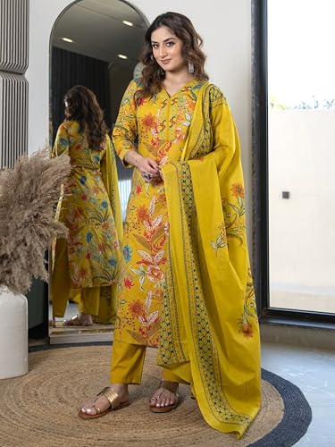 Image of Arayna Women's Pure Cotton Floral Kurta Set with Pants & Dupatta | Embroidered V-Neck Ethnic Suit