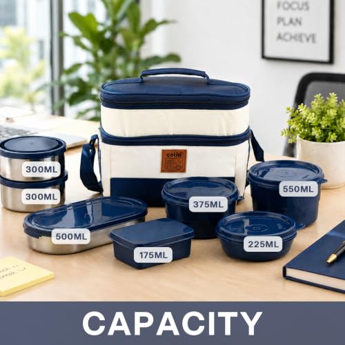 Image of CELLO All Day Meal Lunch Box with Bag for Office Use Blue White | 550ml,375ml,225ml Microwave Safe Containers, 500ml + 300mlx2 Steel Containers, 175ml Salad Box with Spoon & Fork Tiffin Set for Travel