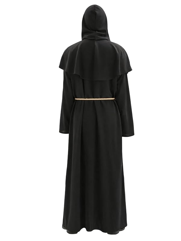 Priest Costume for Adults, Black Hooded Monk Robe with Belt and Necklace by PARTY TELLER - Used condition - Image 3