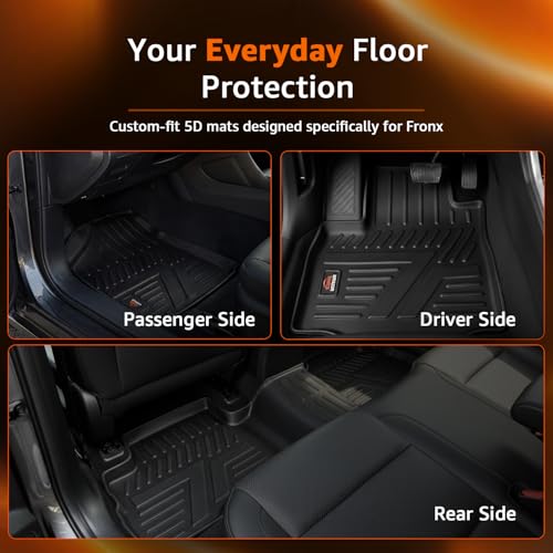 Image of Amazon Basics 5D Custom Fit Car Floor Mats for Fronx | Odor Free Virgin Polymer | All Weather Waterproof Protection | Edge to Edge Coverage | 3 Piece Set