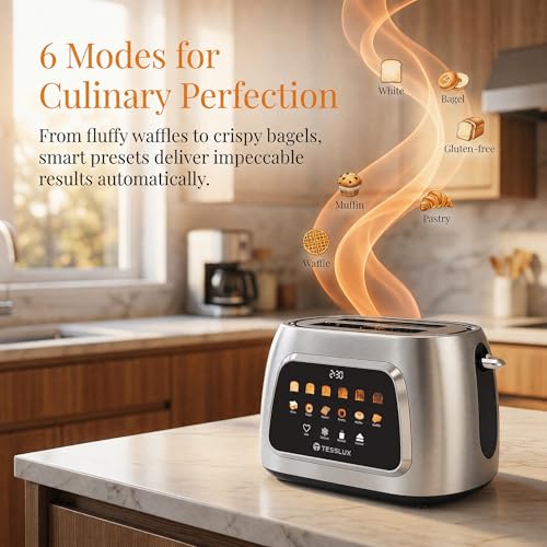 Image of Tesslux 2 Slice Toaster with Touch Screen Control, 1.5 inch Wide Long Slots, 6 Browning Levels & 6 Bread Types, Digital Timer, Memory, Defrost, Reheat (Silver, 2 Slice)