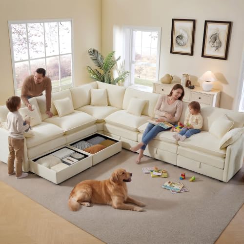 Image of Ihanherry Oversized Modular Sectional Sofa with Storag, 8-Seater V Shaped Cloud Couch with Movable Ottomans, Chenille Deep Seat Corner Couches for Living Room (Beige)