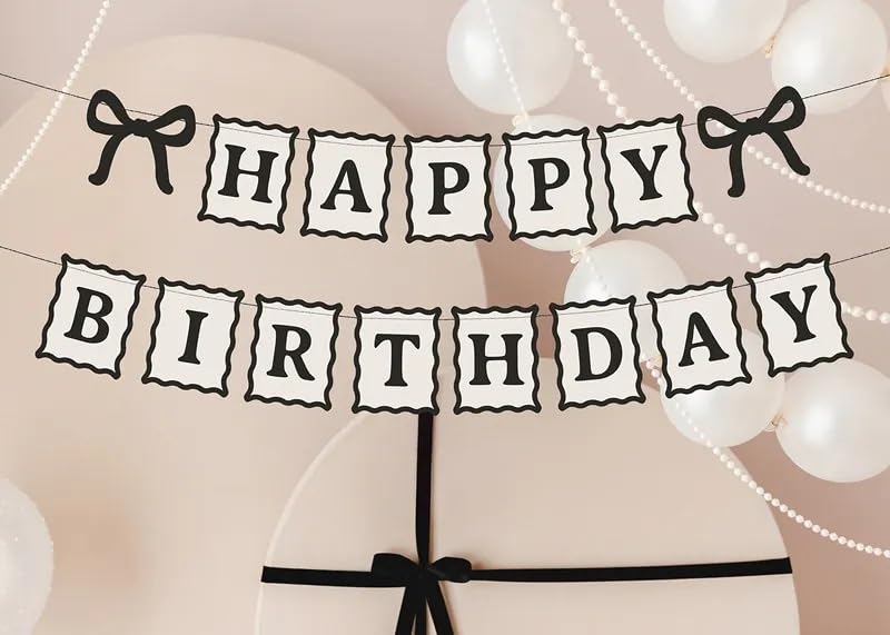 Happy Birthday Banner with Bows, Cream and Black, Paper, 100 cm, Party Decoration