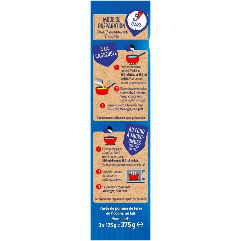 MOUSLINE - Mousline Purée Nature Au Lait Entier Sachets (375G) - Lot De 4 - Vendu Par Lot