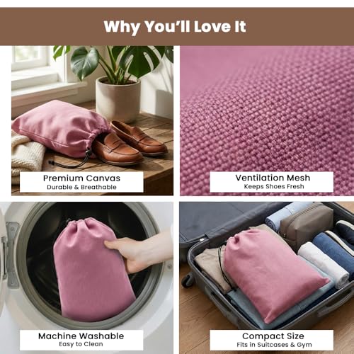 Image of LFH Cotton Rich Shoe Storage Bags with Drawstring, Dustproof Breathable Reusable Organizer, Perfect For Travel, Dorm, Hotel, College, Gym, Easy to Carry, Machine Washable 12 inchx17 inch (Pack of 2) - Pink
