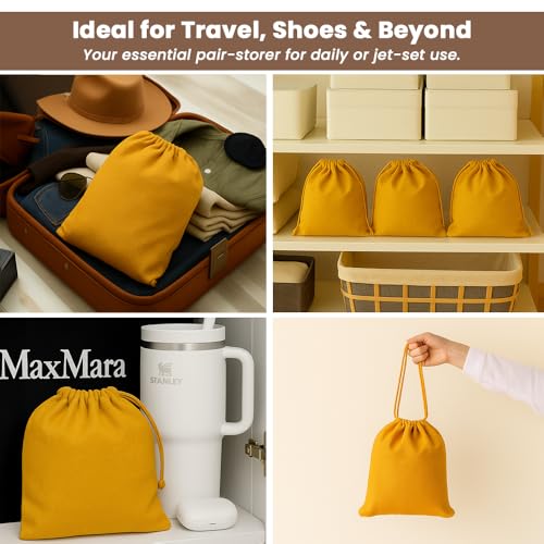 Image of LFH Cotton Rich Shoe Storage Bags with Drawstring, Dustproof Breathable Reusable Organizer, Perfect For Travel, Dorm, Hotel, College, Gym, Easy to Carry, Machine Washable 8 inchx17 inch (Pack of 6) - Golden