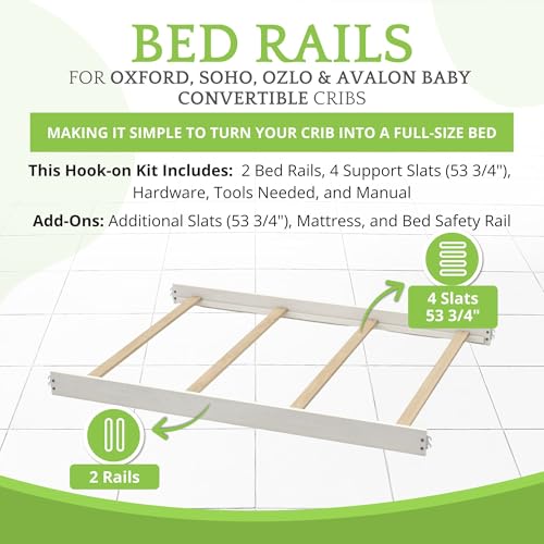Image of Full-Size Conversion Kit Bed Rails for Oxford, Soho, Ozlo & Avalon Baby Convertible Cribs - Solid Wood - Toddler & Adult Rail for Full-Size Bed - Nursery & Baby Furniture (Antique White, Hook-On Kit)