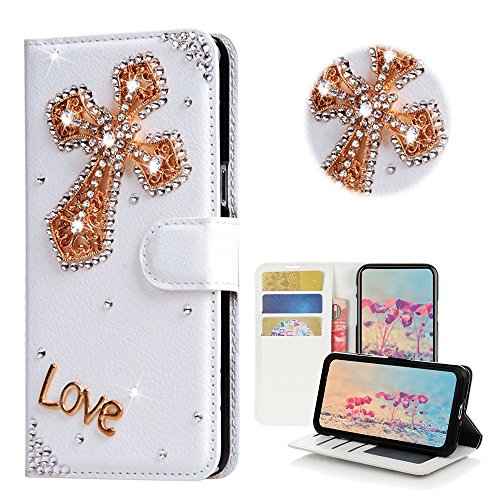 STENES Sparkle Wallet Phone Case Compatible with Google Pixel 2 [Stylish] 3D Handmade Bling Cross Crystal Diamond Design Girls Women Cover - Gold