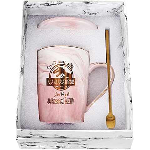 Mamasaurus Cup Don't Mess with Mamasaurus You'll Get Jurasskicked Mug Birthday Mothers Day Christmas Gifts for Mom from Daughter Kids Son Mom Coffee Mug Mom Gifts 14 Ounce Gift Box Pink Cover