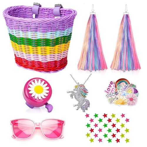 Suerico Kids Bike Basket for Girls,Handlebar Bicycle Basket with Unicorn Necklace,Bike Bell,Streamers,Bike Wheel Bead,Sunglasses,Stickers Bike Decoration Accessories Set