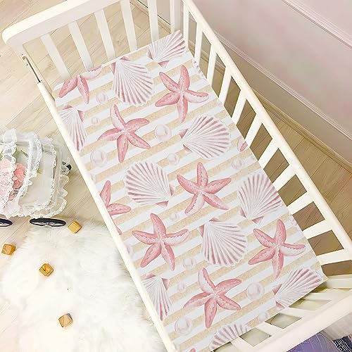 Image of Fitted Crib Sheets Vintage Seashells and Starfish Stretchy Portable Playard Sheets for Baby Toddler, Breathable Soft Mini Crib Mattress 39 x 27 in for Boys and Girls