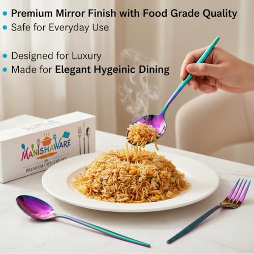 Image of Classic Rainbow 24 Pcs Stainless Steel Cutlery Set for Dining Table, Dishwasher Safe Glossy Flatware (Perfect Spoon Fork Set)
