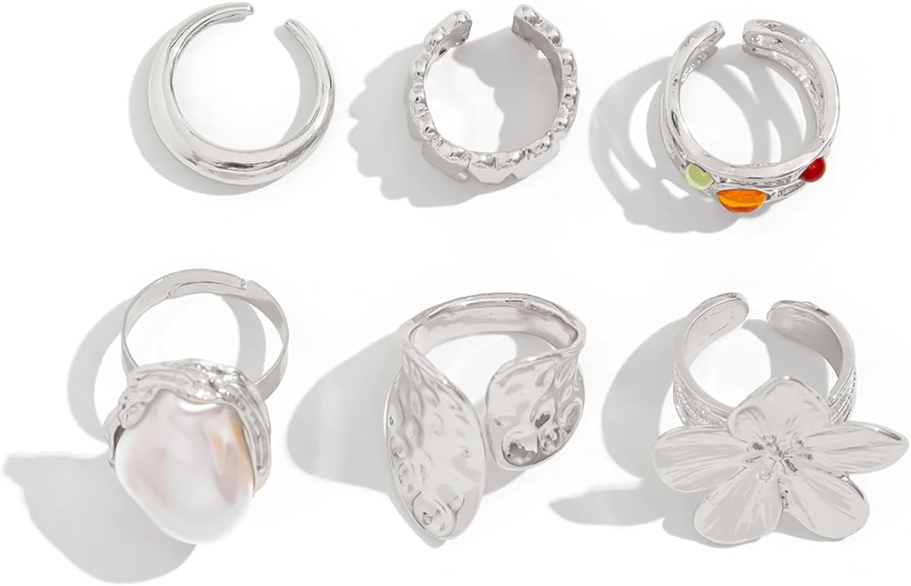 Chunky Gold Rings for Women Adjustable Stackable Statement Rings Set Baroque Pearl Flower Ring Knuckle Ring Chunky Jewelry Gift for Women - Image 4