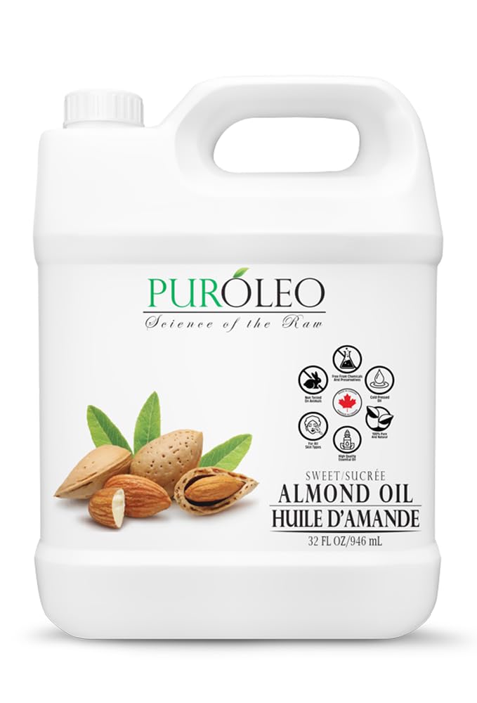 PUROLEO Sweet Almond Oil 32 Fl Oz/946 ML (Packed In Canada) Pure Almond Oil for Skin, Hair, & Body | Organic Carrier Oil & Body Oils For Women | Almond Butter Hair, Body, Baby Oil, Massage Oil huiles essentielles Amande Douce Huile Massage
