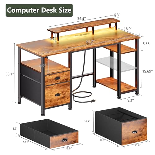 Image of Furologee 51 inch Computer Desk with Power Outlet and LED Lights, Reversible Home Office Desk with File Cabinet & Monitor Stand, Large Gaming Table with Storage Shelves & Drawer, Rustic Brown