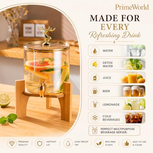 Image of PrimeWorld 1 Pc 2.6 LTR Glass Water Beverage Dispenser with Wooden Stand - Air Tight Lid Glass Pitcher for Detox Water - Mason Jar - Counter Table Top Juice Beer Dispenser for Home Restaurant Party
