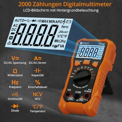 Neoteck Digital Multimeter Voltmeter 2000 Zähler Spannungsprüfer AC/DC Strom Spannung Widerstand...