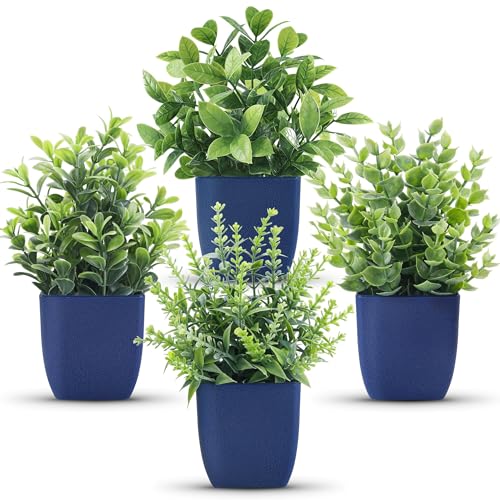 Der Rose 4 Pack Small Fake Plants Artificial Plants Indoor Office Desk Accessories for Aesthetic Room Decor Blue Bathroom Decor