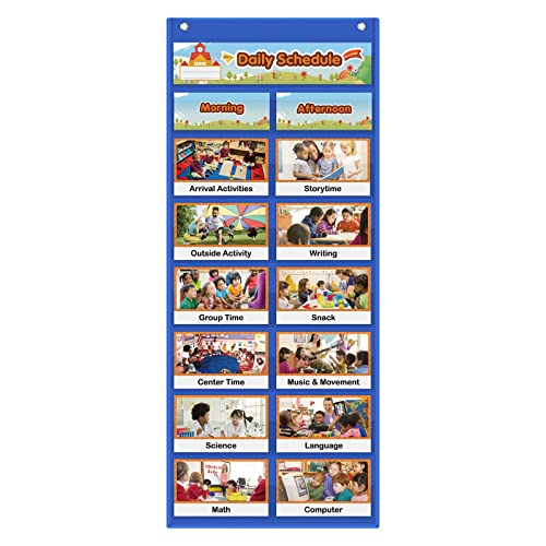Auchq Daily Schedule Pocket Chart, Visual Schedule for Kids with 23 Activity Cards, 8+1 Pockets, 4 Blank Dry-Erase Cards Included, Great for Classroom Preschool-1 st Gr.(17’’ x 38.5’’ in)