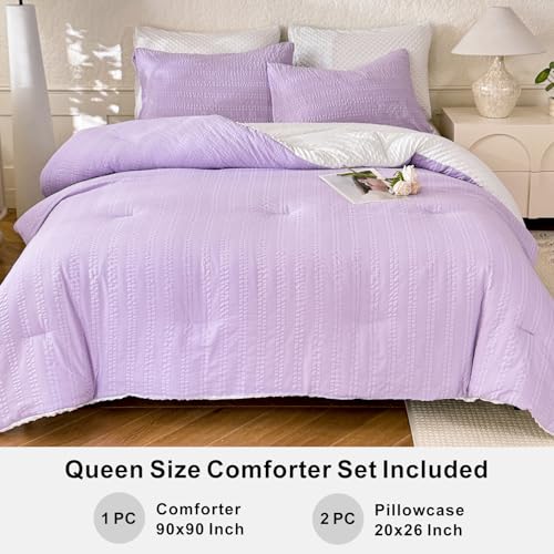 Image of tohrisa Boho Comforter Set Queen Size Striped Pleats Bohemian Seersucker Bedding Set All Season Soft Cozy 3 Pieces Quilt with 2 Pillowcases(90 inchX90 inch Lavender)