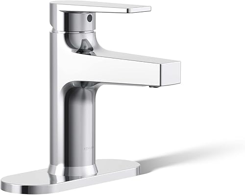 KOHLER 74021-4-CP Grifo de baño tenso de una sola manija con drenaje emergente, grifo de lavabo de baño de una sujeción con escudo, cromo pulido