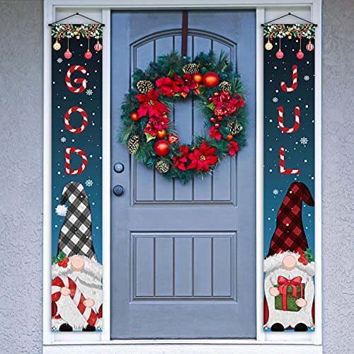 Pudodo God Jul Veranda Banner nordischer Zwerg Büffel kariert Weihnachten Weihnachten Weihnachten Urlaub Haustür Schild Wandbehang Party Dekoration Cover