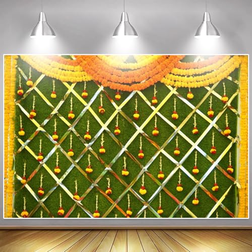 Image of India Diwali Backdrop Puja Hindu Mehndi Festival Background Ganpati Pooja Backdrop India for Bridal Shower Wedding Party Marigold Garlands Photo Props 8X6FT