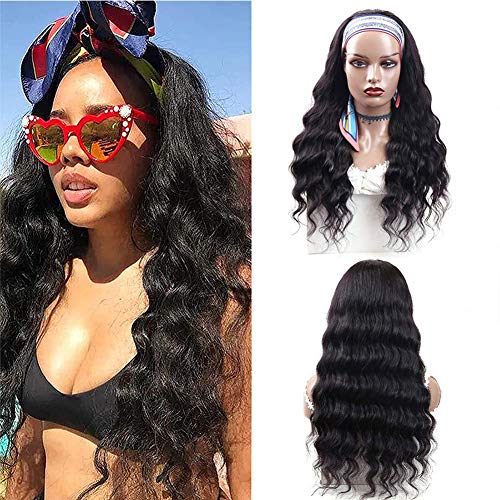 HeadBand Wig Loose Wave Human Hair Wig None Lace Front Wigs for Black Women Loose Deep Wave Machine Made Wigs with 5 Fashion Headbands 150% Density Glueless Wig Natural Color (20 inch)