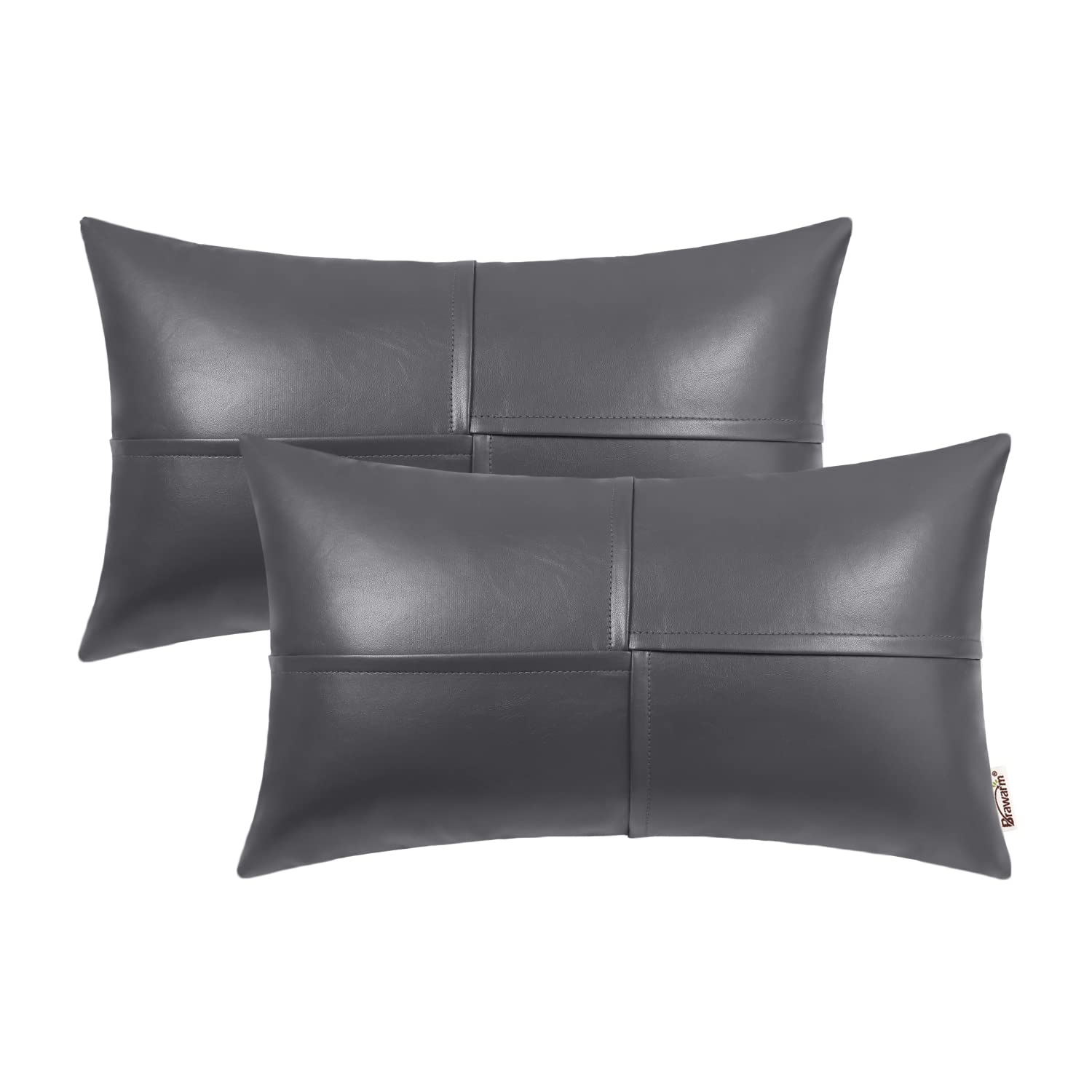 BRAWARM Faux Leather Throw Pillow Covers 12 X 20 Inches, Gray Leather Lumbar Pillow Covers Pack of 2, Hand Stitched Leather Decorative Throw Pillows