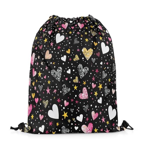 Feelyou Hearts Backpack 13"x15.7" for Love Hearts Drawstring Backpack Glitter Sparkle Hearts Backpack Black Golden Drawstring Backpack for All Season Waterproof Cinch Bag3