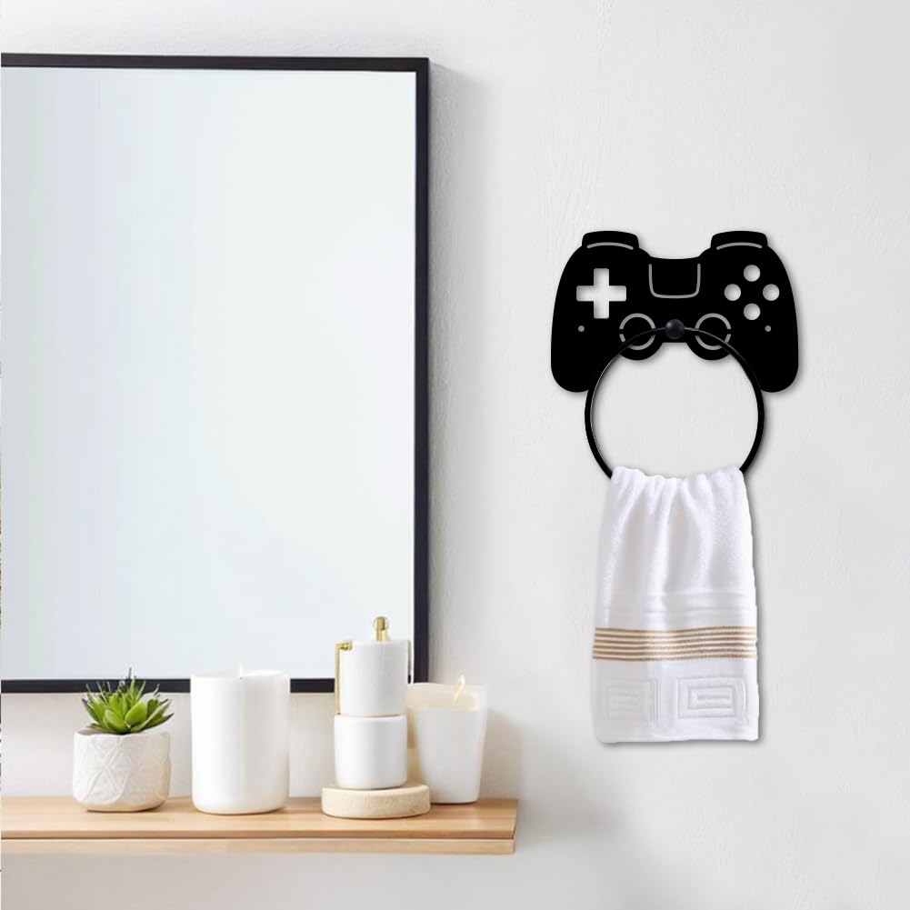 MAYJOYDIY Toallero de metal con forma de mando de juego, soporte para toallas para decoración de habitación de jugadores, soporte de toalla de arte negro, montado en la pared para baño, cocina, hogar,