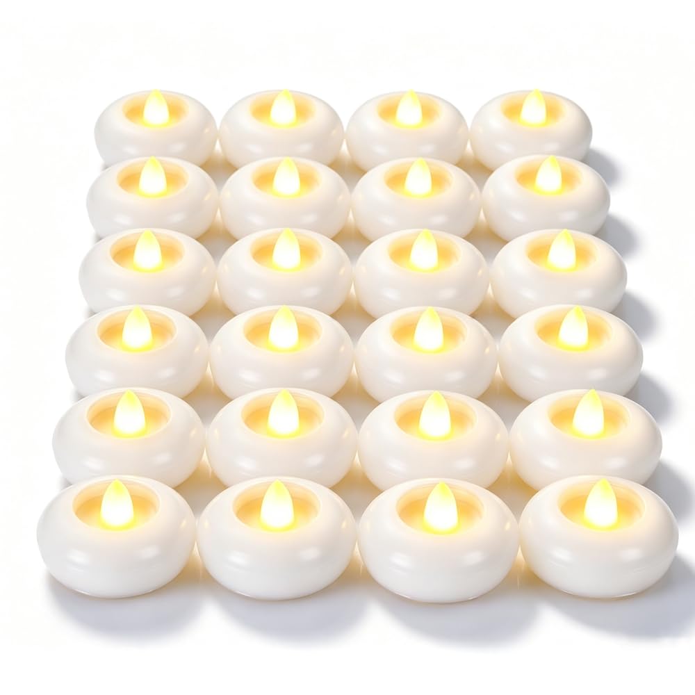 Hojalis 24 Pack Flameless LED Floating Candles, 2 Inch Water Activated Battery Operated Flameless Lights with Flickering Warm Glow, Waterproof Tealights for Wedding Cylinder Vases Pool Holiday Decor