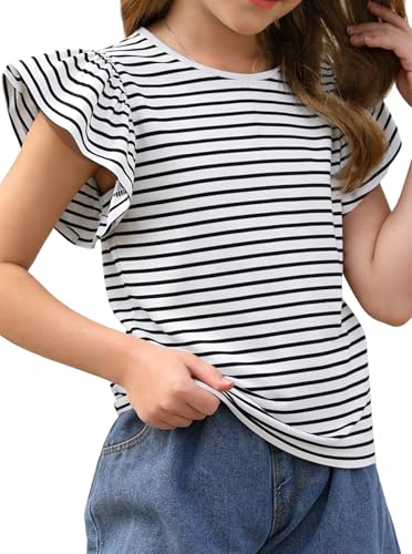 Image of Girls Striped Shirt Flutter Sleeve Top Crewneck Cute Summer T Shirts Casual Tees Black White B 7-8 Years
