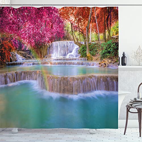 Ambesonne Waterfall Shower Curtain, Rain Forest in Vietnam Laos South Orange Trees Side of River Image Print, Cloth Fabric Bathroom Decor Set with Hooks, 69