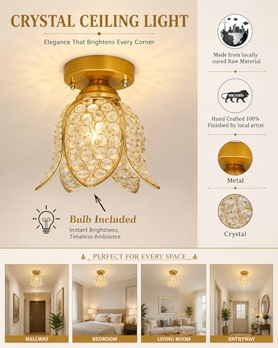 Image of Homesake Gold Metal Lotus Crystal Flush Mount Ceiling Light for Hallway, Bedroom, Living Room, Foyer & Balcony, Crystal Ceiling Lamp, Fixture Ceiling Light, Decorative Chandelier Light for Home Decor