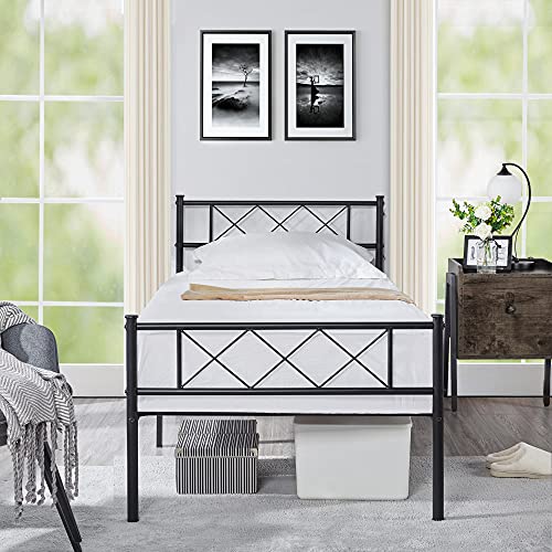 YAHEETECH Twin Metal Platform Bed Frame Mattress Foundation with Headboard and Footboard No Box Spring Needed Under Bed Storage Steel Slats for Boy Girl Black