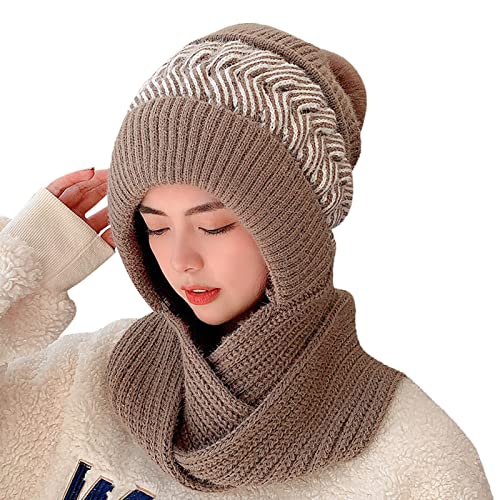 LINGDING Damen Winter Slouchy Strick Warme Mützen Wollmütze Schal Integrierte Pullover Mütze Niedliche Eltern Kind Strickmütze Matrosenmütze, Khaki, Einheitsgröße Cover