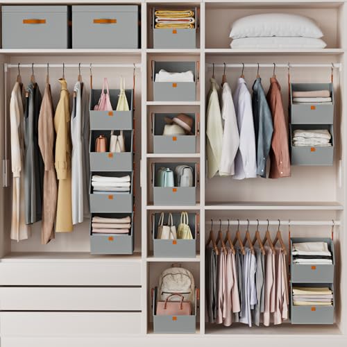 Hanging Closet Organizer 4 Tier - Clothes Hanging Shelves, Space-Saving Closet System, Fabric Storage Bins Bedroom Organization, Collapsible Baskets for Home, Dorm, Rv, Grey, 2 Pack - Image 8