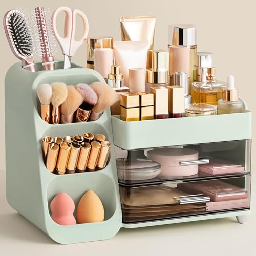 Image of HBlife Makeup Organizer with Brush Holder for Vanity, Large Plastic Bathroom Countertop Organizer Skin Care Storage, Easy to Store Lipsticks, Nail Polishes, Perfumes, Eyeshadow Palettes, Green