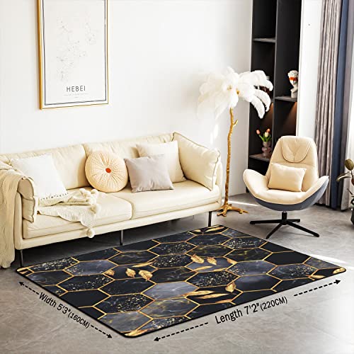 Loussiesd Honeycomb 150x200 Living Room Rugs Boys Girls Black Marble Area Rug For Kids Modern Marble Aesthetic Decorative Carpet Set Geometrical Gold Black Indoor Floor Mat - Image 2